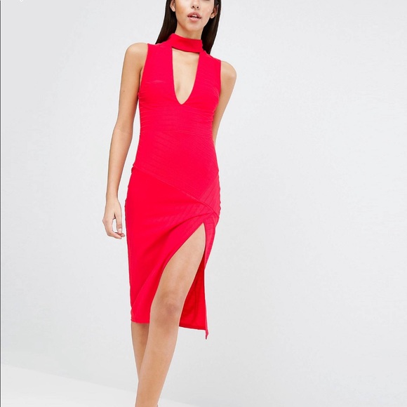 red bandage midi dress